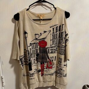 NWT Mesh+Lace Women’s 2X Cafe Graphic Cold Shoulder‎ Blouse Soft Beaded Sparkle.